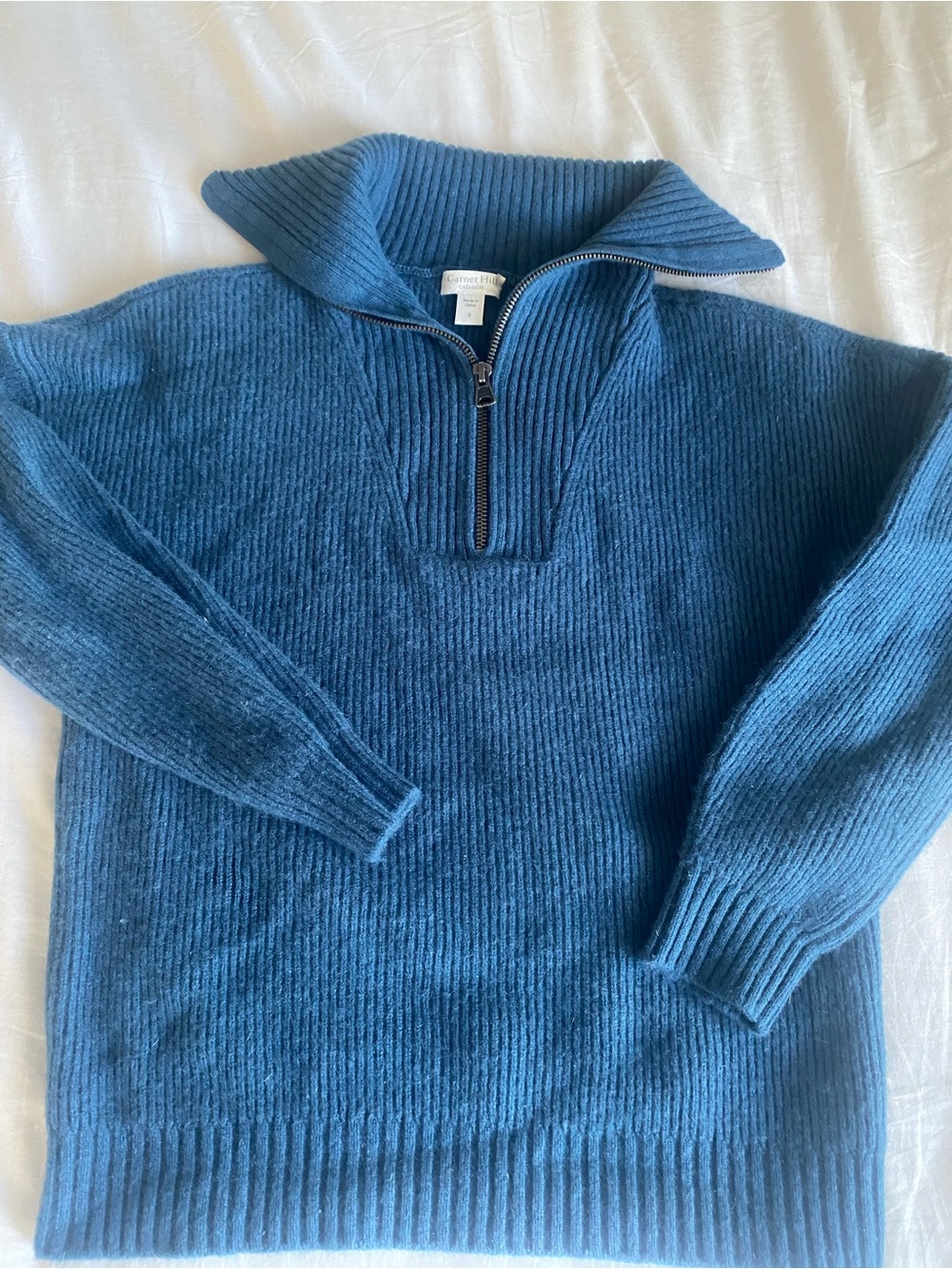 Garnet Hill 100% Cashmere Quarter-Zip Sweater Sz S Blue Ribbed